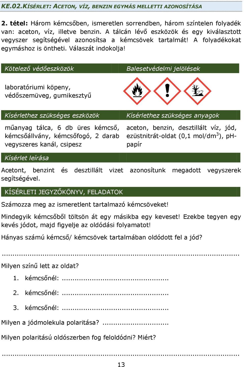 Kötelező védőeszközök Balesetvédelmi jelölések laboratóriumi köpeny, védőszemüveg, gumikesztyű Kísérlethez szükséges eszközök műanyag tálca, 6 db üres kémcső, kémcsőállvány, kémcsőfogó, 2 darab