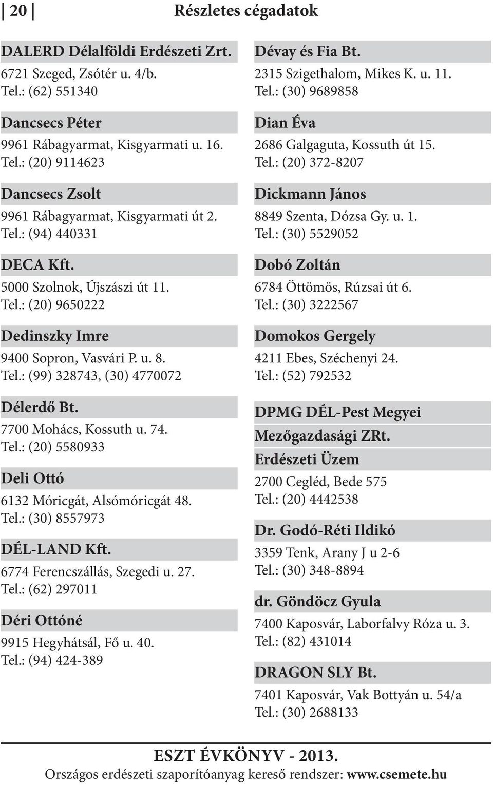 Tel.: (30) 8557973 DÉL-LAND Kft. 6774 Ferencszállás, Szegedi u. 27. Tel.: (62) 297011 Déri Ottóné 9915 Hegyhátsál, Fő u. 40. Tel.: (94) 424-389 Dévay és Fia Bt. 2315 Szigethalom, Mikes K. u. 11. Tel.: (30) 9689858 Dian Éva 2686 Galgaguta, Kossuth út 15.