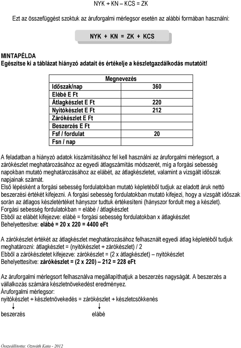 Megnevezés Idıszak/nap 360 Elébé E Ft Átlagkészlet E Ft 220 Nyitókészlet E Ft 212 Zárókészlet E Ft Beszerzés E Ft Fsf / fordulat 20 Fsn / nap A feladatban a hiányzó adatok kiszámításához fel kell