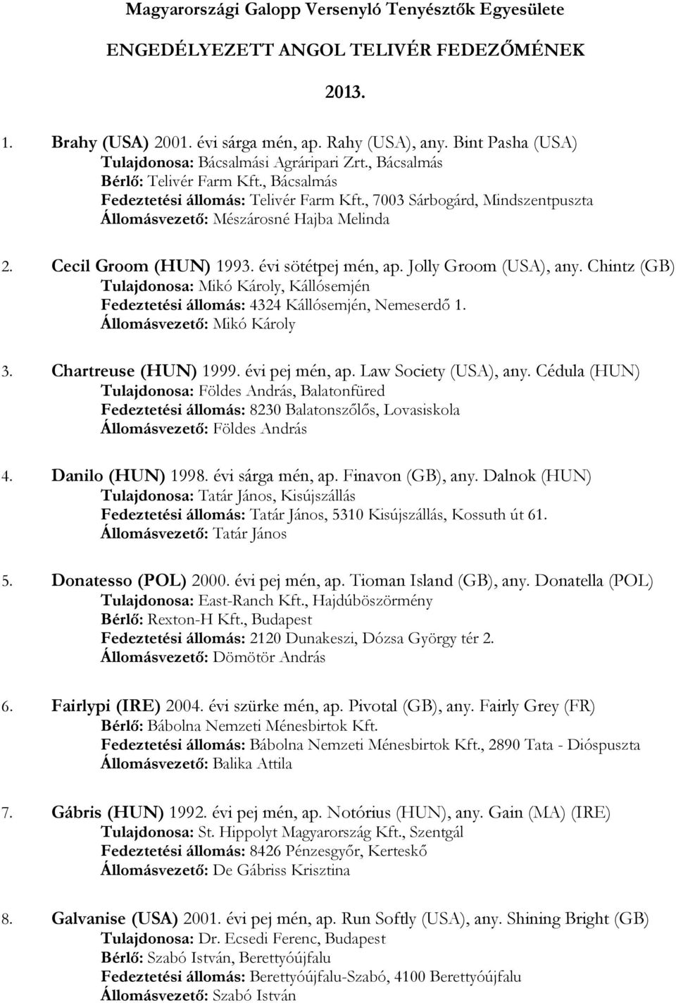 Law Society (USA), any. Cédula (HUN) Tulajdonosa: Földes András, Balatonfüred Fedeztetési állomás: 8230 Balatonszőlős, Lovasiskola Állomásvezető: Földes András 4. Danilo (HUN) 1998. évi sárga mén, ap.