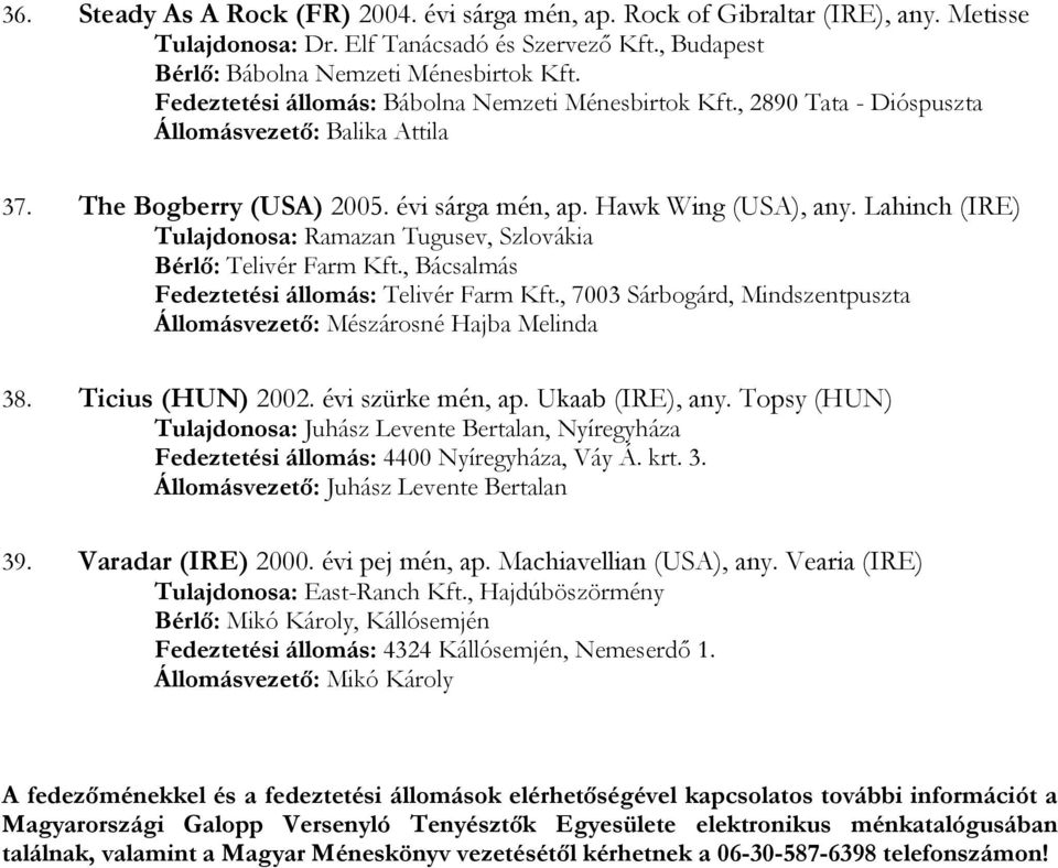 Topsy (HUN) Tulajdonosa: Juhász Levente Bertalan, Nyíregyháza Fedeztetési állomás: 4400 Nyíregyháza, Váy Á. krt. 3. Állomásvezető: Juhász Levente Bertalan 39. Varadar (IRE) 2000. évi pej mén, ap.