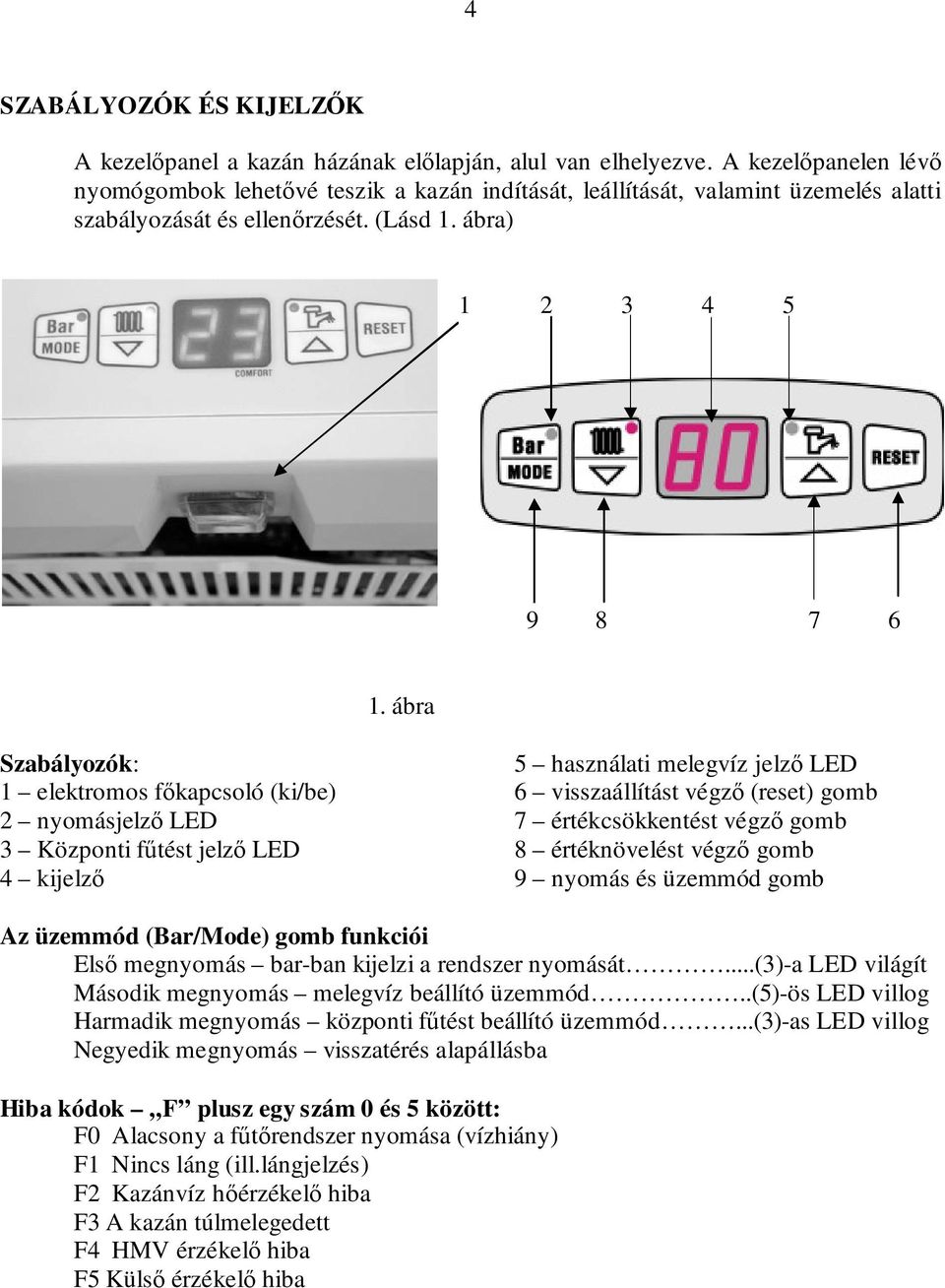 ábra Szabályozók: 5 használati melegvíz jelzı LED 1 elektromos fıkapcsoló (ki/be) 6 visszaállítást végzı (reset) gomb 2 nyomásjelzı LED 7 értékcsökkentést végzı gomb 3 Központi főtést jelzı LED 8