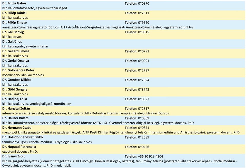Gál János klinikaigazgató, egyetemi tanár Dr. Gellérd Emese Telefon: 0*0791 Dr. Gerlai Orsolya Telefon: 0*0991 Dr. Golopencza Péter Telefon: 0*2797 koordináció, klinikai főorvos Dr.