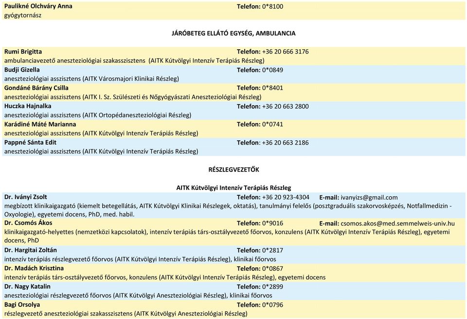 Sz. Szülészeti és Nőgyógyászati Aneszteziológiai Részleg) Huczka Hajnalka Telefon: +36 20 663 2800 aneszteziológiai asszisztens (AITK Ortopédaneszteziológiai Részleg) Karádiné Máté Marianna Telefon: