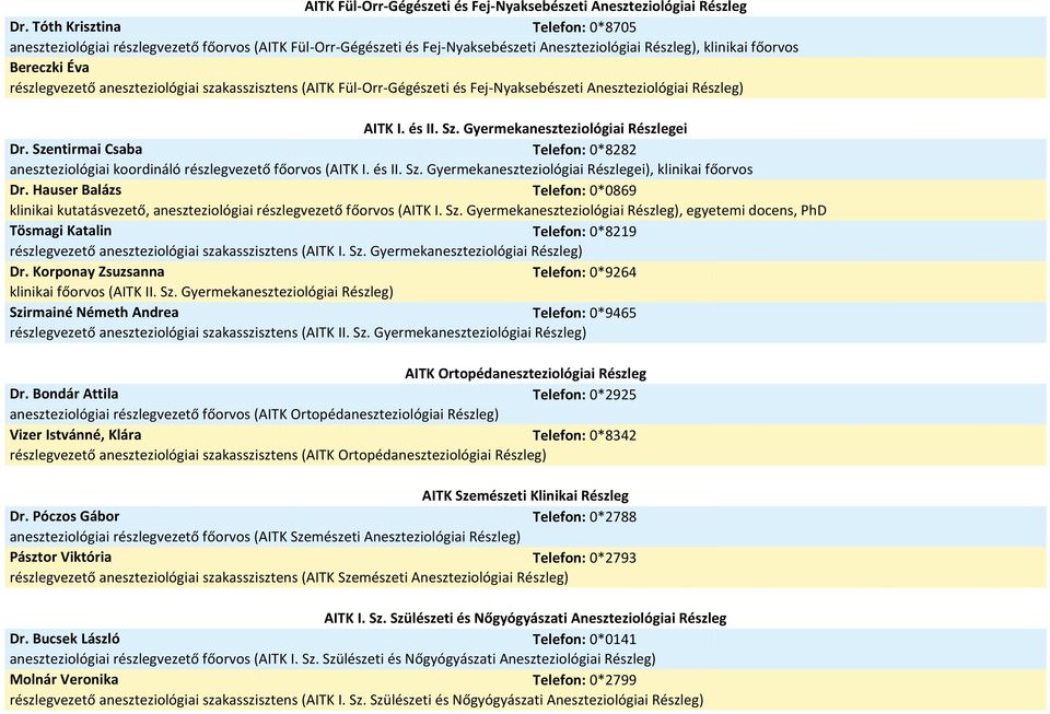 aneszteziológiai szakasszisztens (AITK Fül-Orr-Gégészeti és Fej-Nyaksebészeti Aneszteziológiai Részleg) AITK I. és II. Sz. Gyermekaneszteziológiai Részlegei Dr.