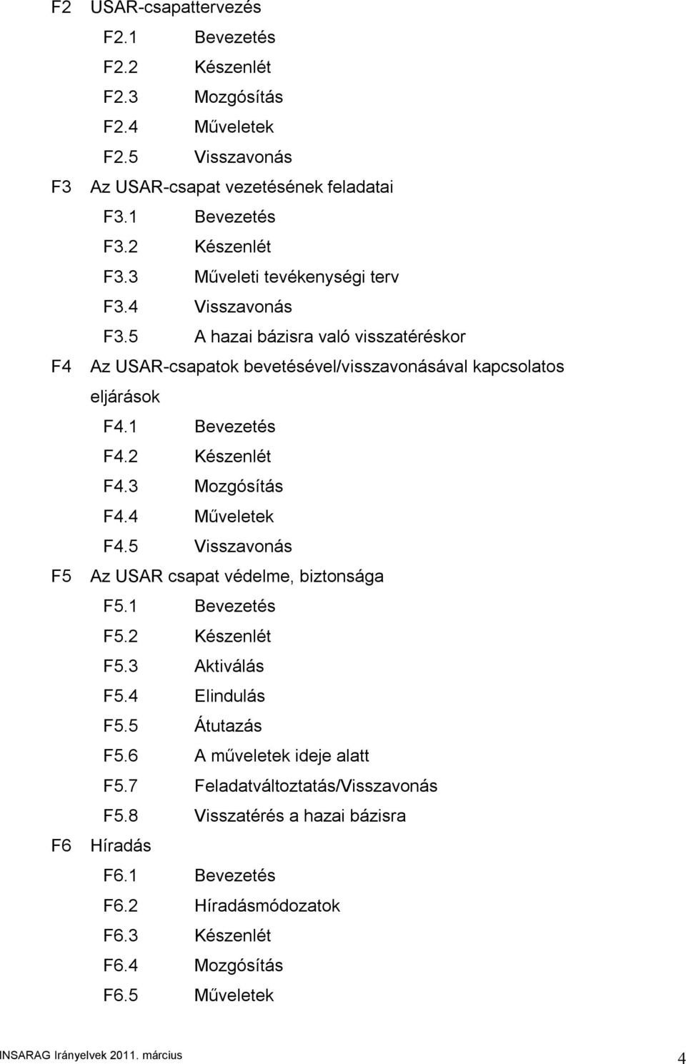 1 Bevezetés F4.2 Készenlét F4.3 Mozgósítás F4.4 Műveletek F4.5 Visszavonás Az USAR csapat védelme, biztonsága F5.1 Bevezetés F5.2 Készenlét F5.3 Aktiválás F5.4 Elindulás F5.