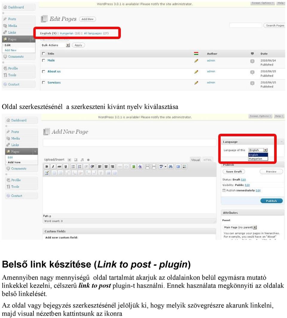 célszerű link to post plugin-t használni. Ennek használata megkönnyíti az oldalak belső linkelését.