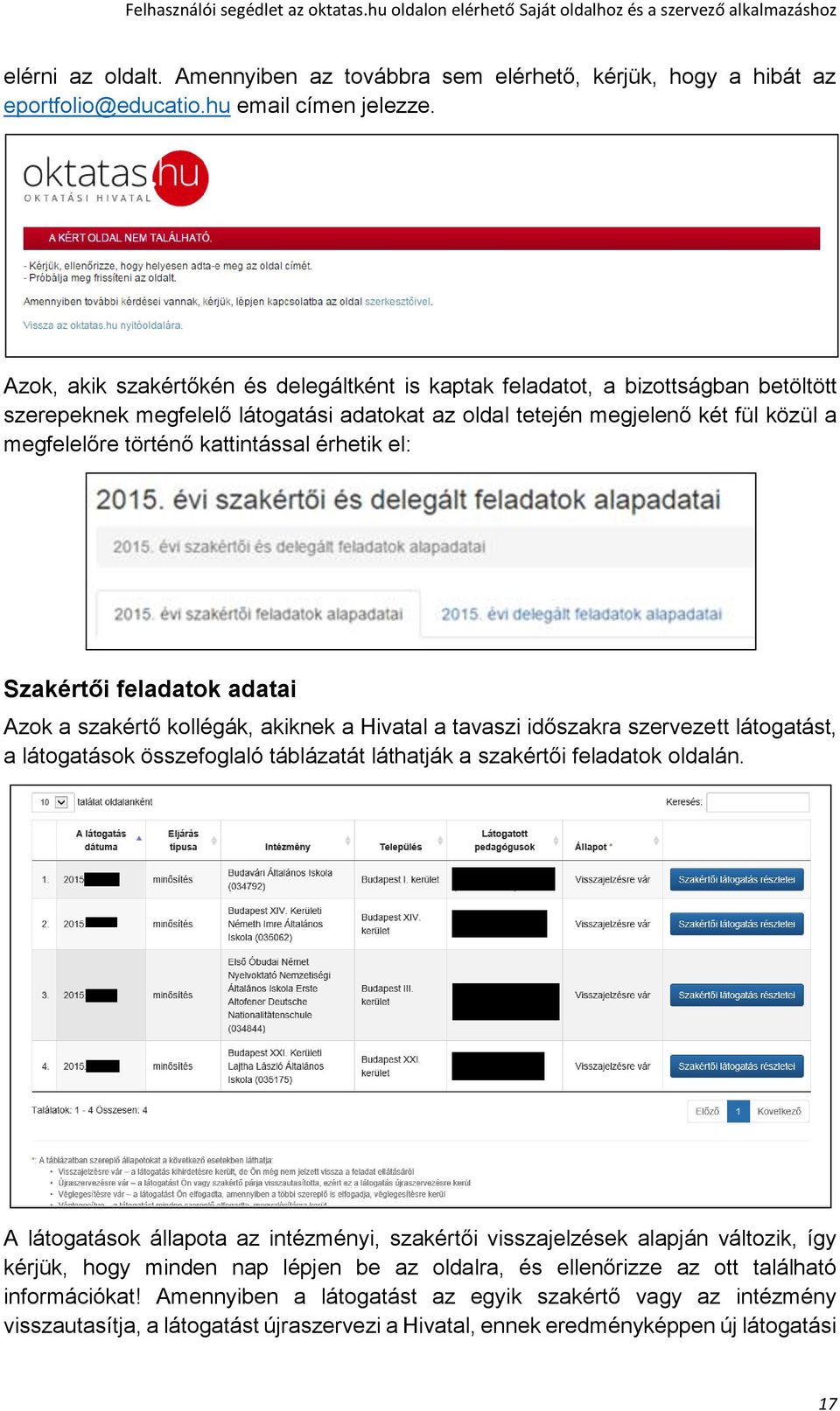 kattintással érhetik el: Szakértői feladatok adatai Azok a szakértő kollégák, akiknek a Hivatal a tavaszi időszakra szervezett látogatást, a látogatások összefoglaló táblázatát láthatják a szakértői