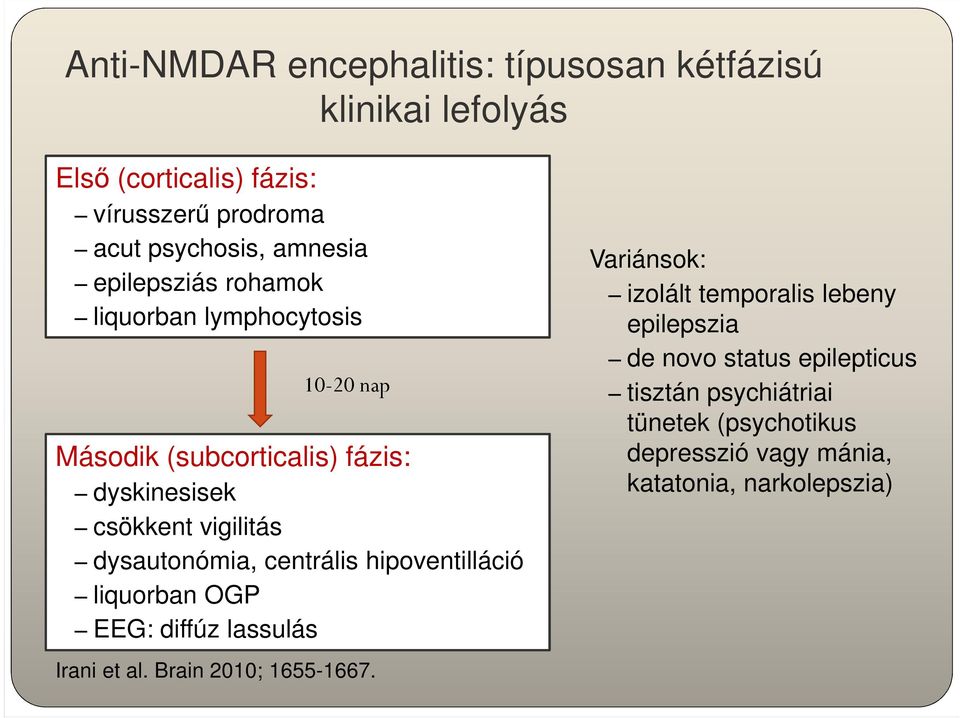 dysautonómia, centrális hipoventilláció liquorban OGP EEG: diffúz lassulás Irani et al. Brain 2010; 1655-1667.