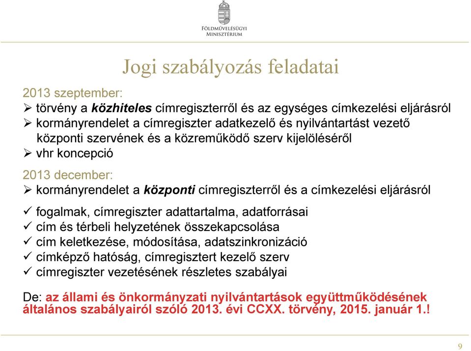 fogalmak, címregiszter adattartalma, adatforrásai cím és térbeli helyzetének összekapcsolása cím keletkezése, módosítása, adatszinkronizáció címképző hatóság, címregisztert