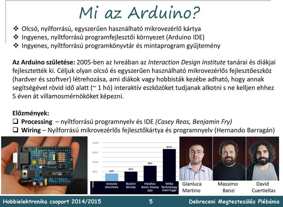 Arduino születése: 2005-ben az Ivreában az Interaction Design Institute tanárai és diákjai fejlesztették ki.