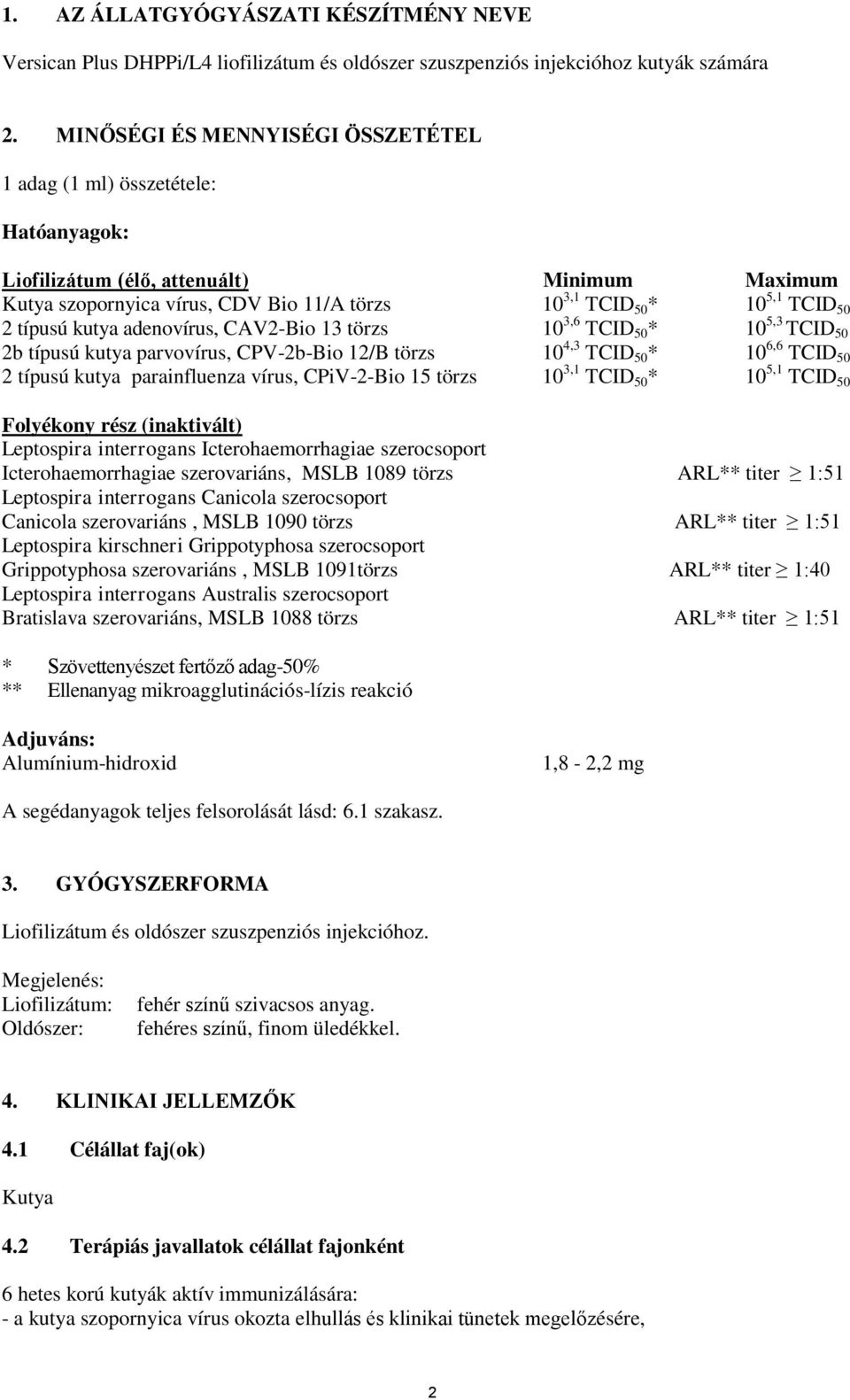 típusú kutya adenovírus, CAV2-Bio 13 törzs 10 3,6 TCID 50 * 10 5,3 TCID 50 2b típusú kutya parvovírus, CPV-2b-Bio 12/B törzs 10 4,3 TCID 50 * 10 6,6 TCID 50 2 típusú kutya parainfluenza vírus,