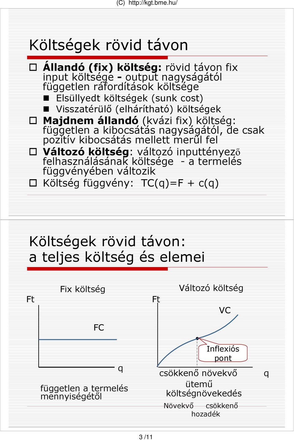 Változó költség: változó inputtényezı felhasználásának költsége - a termelés függvényében változik Költség függvény: TC()=F + c() Költségek rövid távon: a teljes