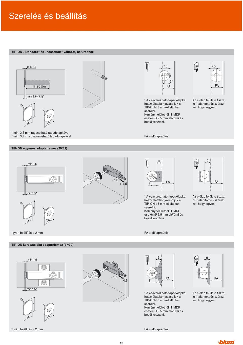 3,1 mm csavarozható tapadólapkával FA = előlapráütés TIP-ON egyenes adapterlemez (20/32) * A csavarozható tapadólapka használatakor javasoljuk a TIP-ON-t 3 mm-el eltoltan szerelni.