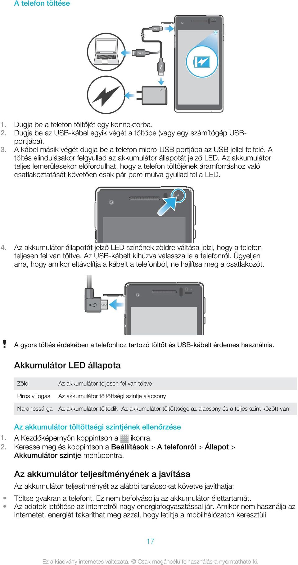 Az akkumulátor teljes lemerülésekor előfordulhat, hogy a telefon töltőjének áramforráshoz való csatlakoztatását követően csak pár perc múlva gyullad fel a LED. 4.