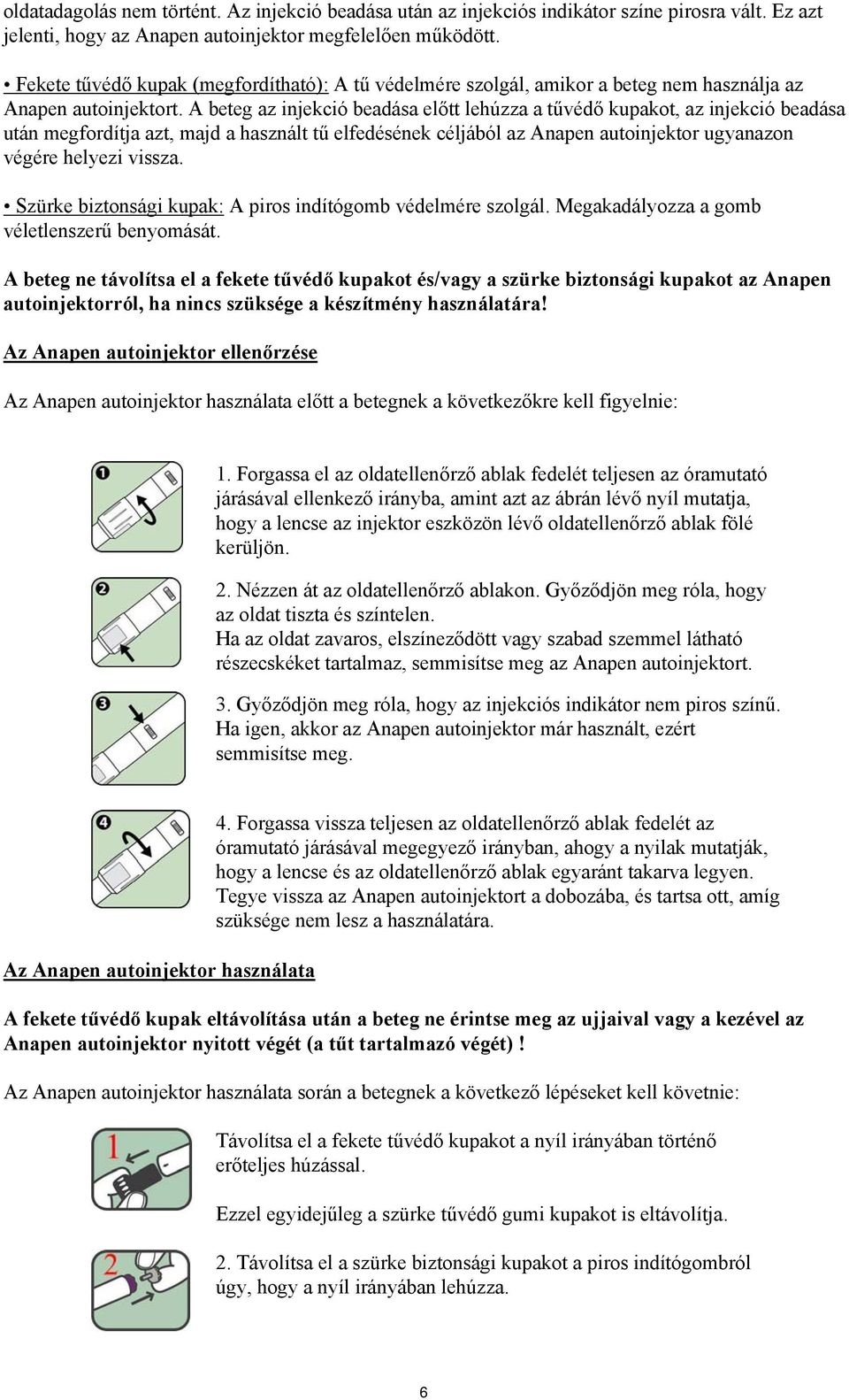 A beteg az injekció beadása előtt lehúzza a tűvédő kupakot, az injekció beadása után megfordítja azt, majd a használt tű elfedésének céljából az Anapen autoinjektor ugyanazon végére helyezi vissza.