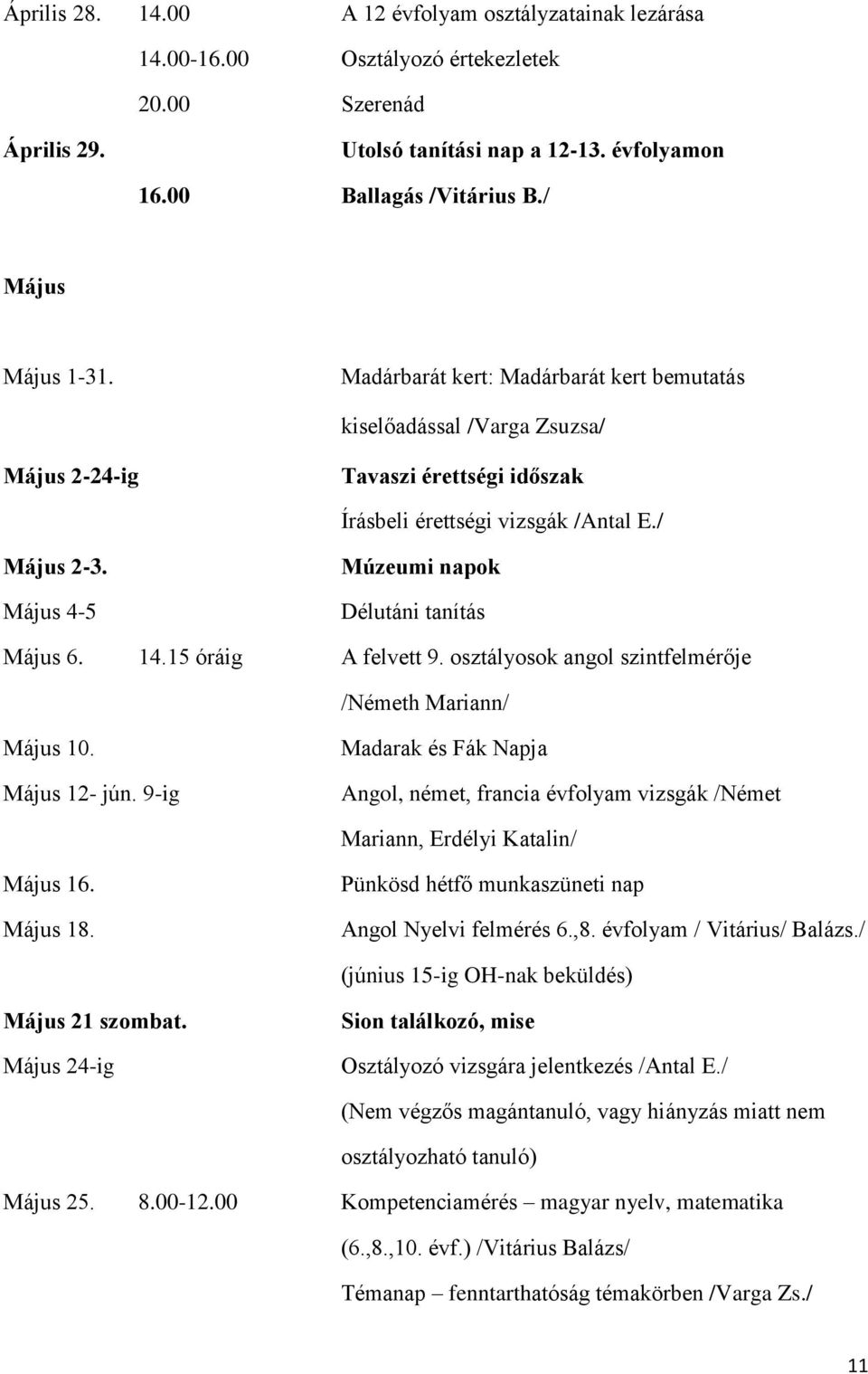 Május 4-5 Múzeumi napok Délutáni tanítás Május 6. 14.15 óráig A felvett 9. osztályosok angol szintfelmérője /Németh Mariann/ Május 10. Május 12- jún.