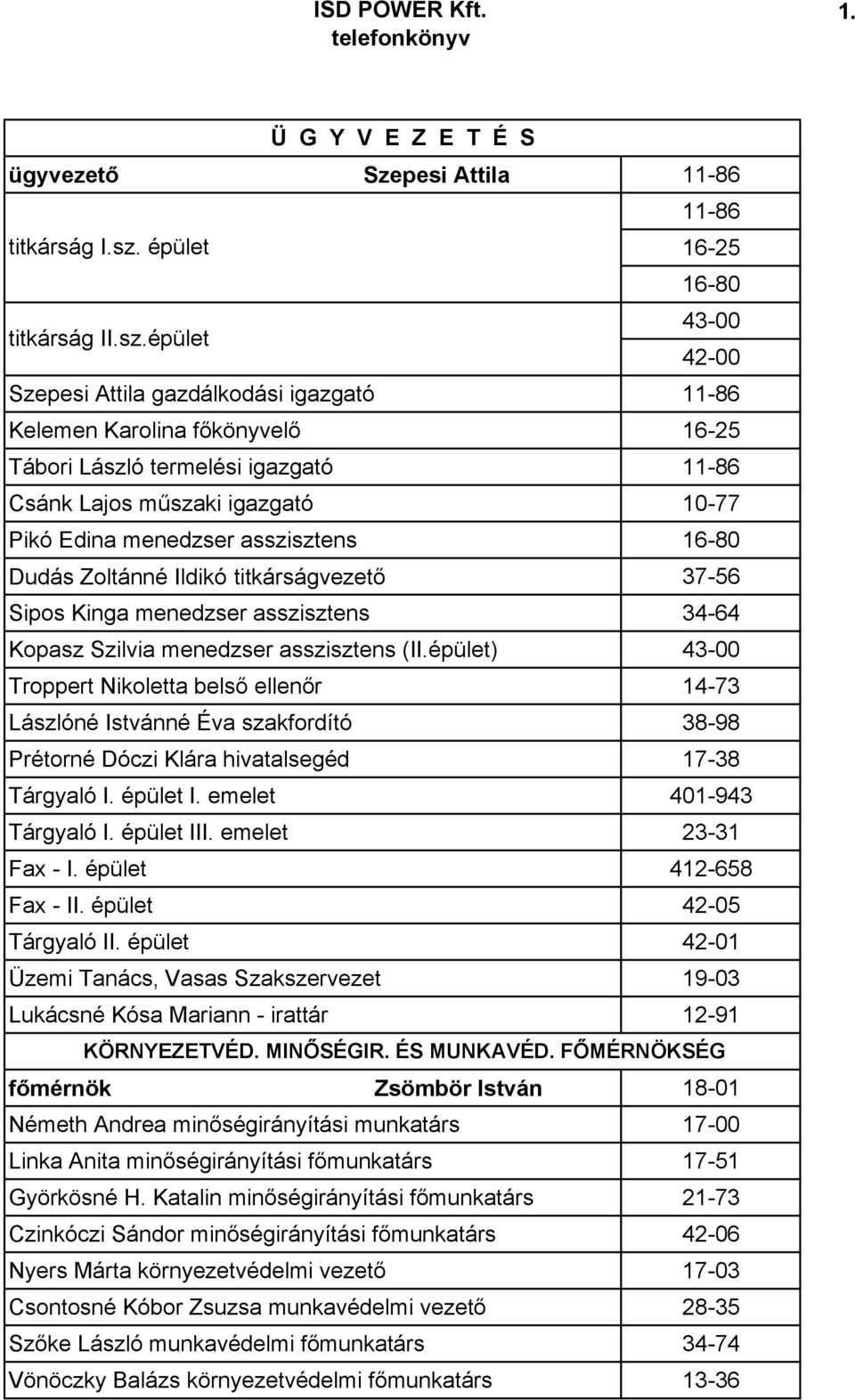 épület Szepesi Attila 11-86 11-86 16-25 16-80 43-00 42-00 Szepesi Attila gazdálkodási igazgató 11-86 Kelemen Karolina fıkönyvelı 16-25 Tábori László termelési igazgató 11-86 Csánk Lajos mőszaki