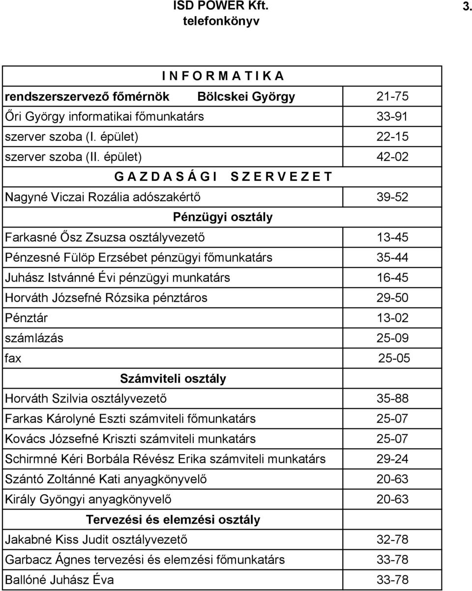 Juhász Istvánné Évi pénzügyi munkatárs 16-45 Horváth Józsefné Rózsika pénztáros 29-50 Pénztár 13-02 számlázás 25-09 fax 25-05 Számviteli osztály Horváth Szilvia osztályvezetı 35-88 Farkas Károlyné