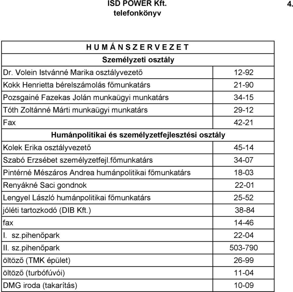 munkatárs 29-12 Fax 42-21 Humánpolitikai és személyzetfejlesztési osztály Kolek Erika osztályvezetı 45-14 Szabó Erzsébet személyzetfejl.