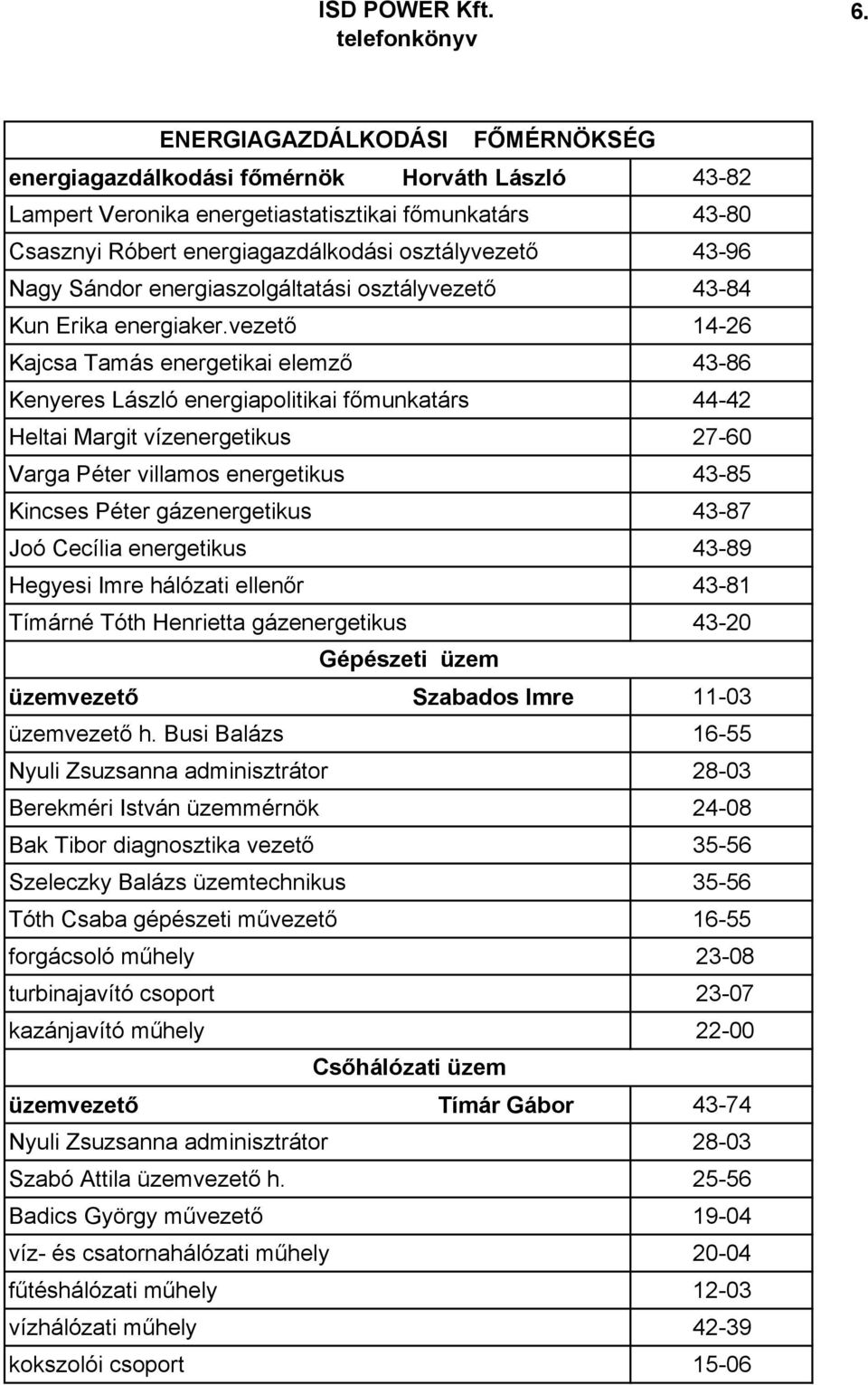 vezetı 14-26 Kajcsa Tamás energetikai elemzı 43-86 Kenyeres László energiapolitikai fımunkatárs 44-42 Heltai Margit vízenergetikus 27-60 Varga Péter villamos energetikus 43-85 Kincses Péter
