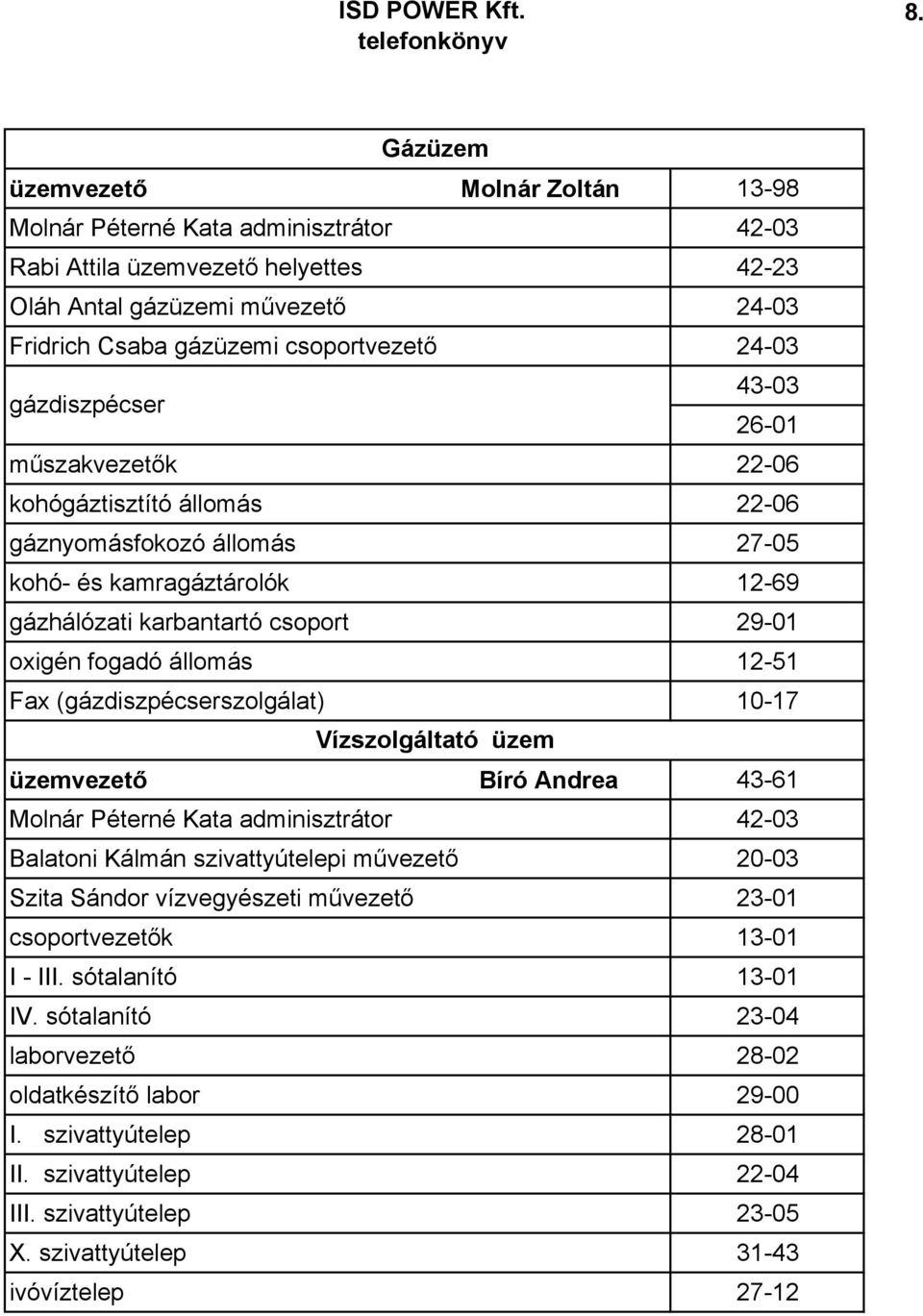 állomás 12-51 Fax (gázdiszpécserszolgálat) 10-17 Vízszolgáltató üzem üzemvezetı Bíró Andrea 43-61 Molnár Péterné Kata adminisztrátor 42-03 Balatoni Kálmán szivattyútelepi mővezetı 20-03 Szita Sándor