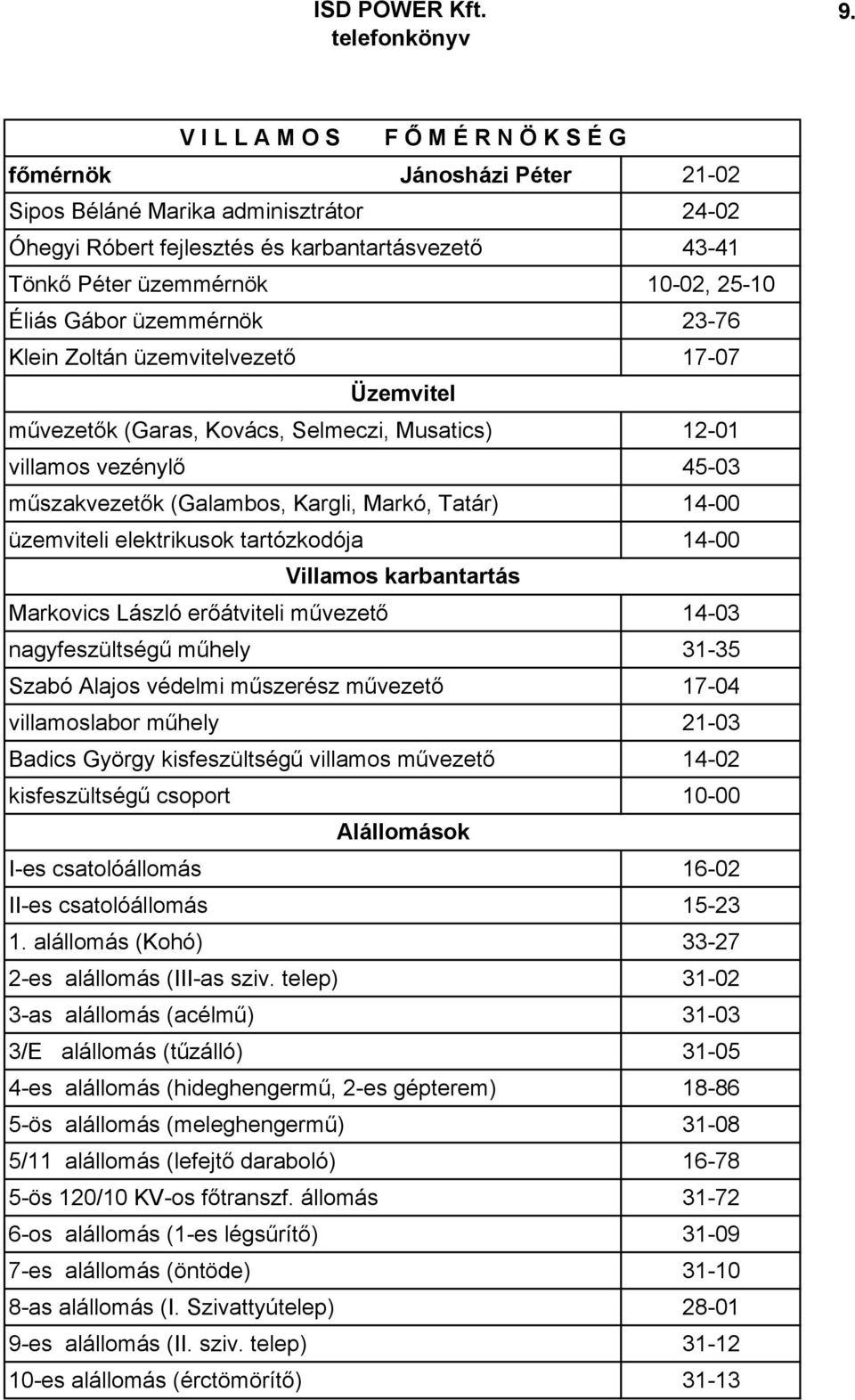 Tatár) 14-00 üzemviteli elektrikusok tartózkodója 14-00 Villamos karbantartás Markovics László erıátviteli mővezetı 14-03 nagyfeszültségő mőhely 31-35 Szabó Alajos védelmi mőszerész mővezetı 17-04