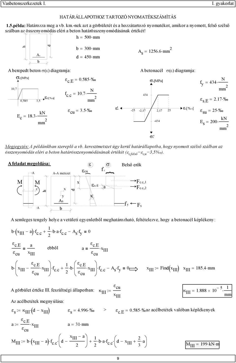 h = 500 mm As b d b = d = 300 mm 450 mm A s = 56.6 A berepedt beton σ(ε) diagramja: A betonacél σ(ε) diagramja: c[mpa] 0,7 εc[% ] 0,585 3,5 E c = 8.3 k ε c.e = 0.585 f c.c = 0.