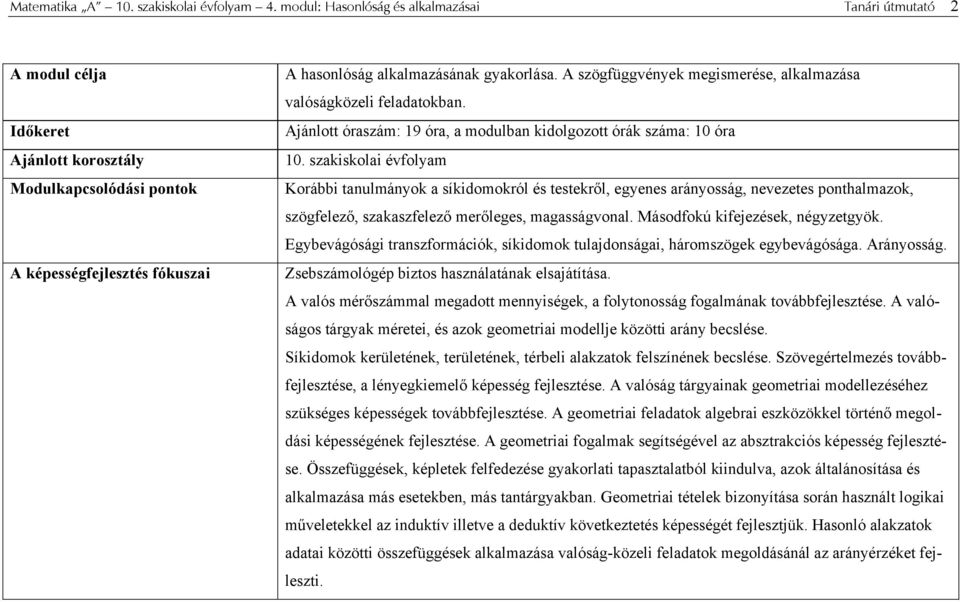 A szögfüggvények megismerése, alkalmazása valóságközeli feladatokban. Ajánlott óraszám: 19 óra, a modulban kidolgozott órák száma: 10 óra 10.