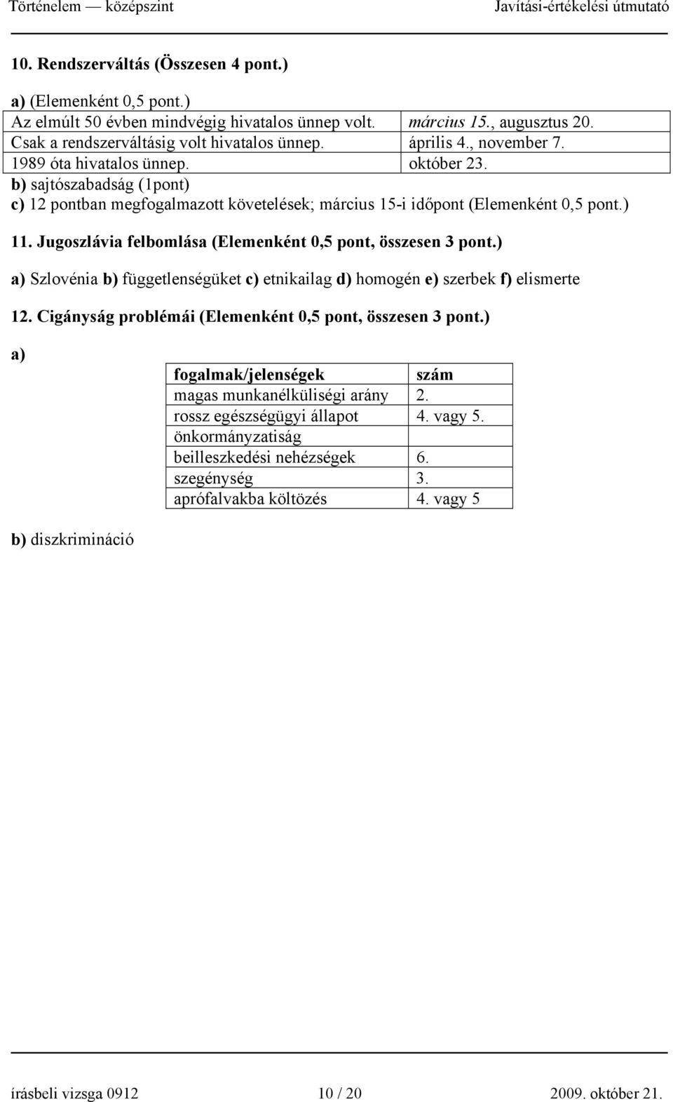 Jugoszlávia felbomlása (Elemenként 0,5 pont, összesen 3 pont.) a) Szlovénia b) függetlenségüket c) etnikailag d) homogén e) szerbek f) elismerte 12.