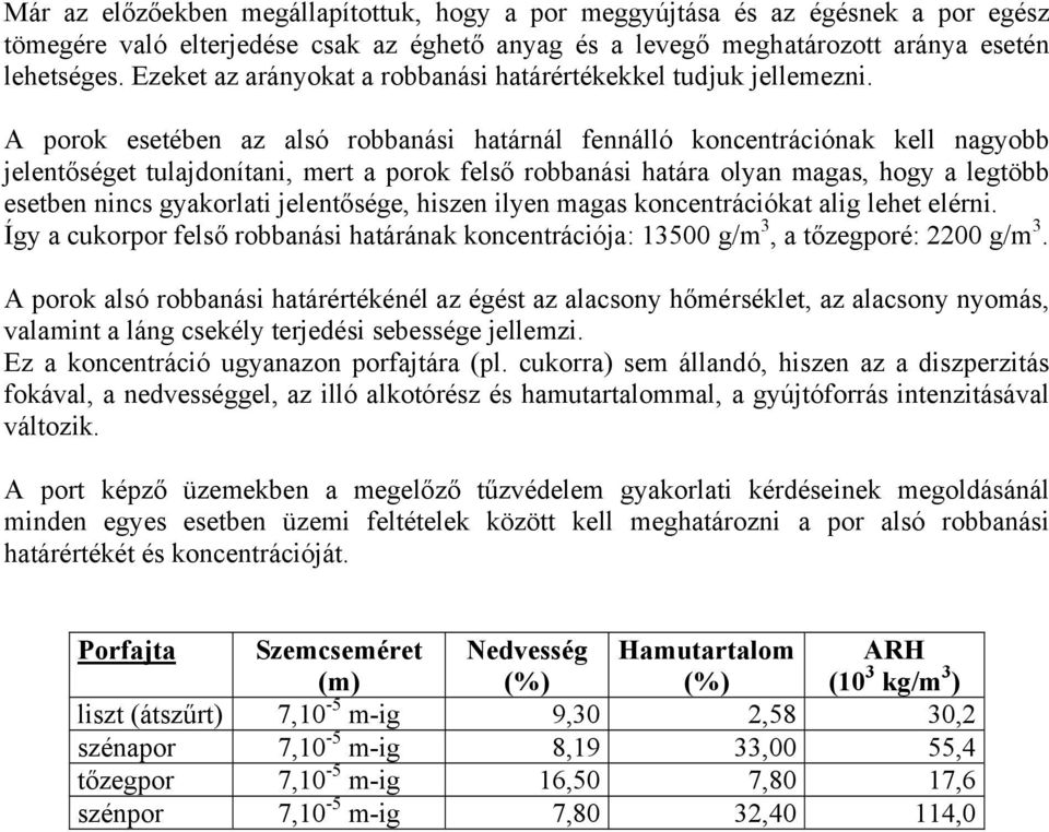 A porok esetében az alsó robbanási határnál fennálló koncentrációnak kell nagyobb jelentőséget tulajdonítani, mert a porok felső robbanási határa olyan magas, hogy a legtöbb esetben nincs gyakorlati