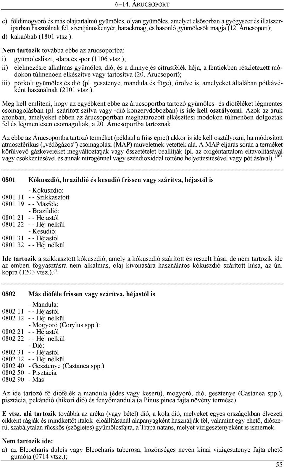 ); ii) élelmezésre alkalmas gyümölcs, dió, és a dinnye és citrusfélék héja, a fentiekben részletezett módokon túlmenően elkészítve vagy tartósítva (20. Árucsoport); iii) pörkölt gyümölcs és dió (pl.