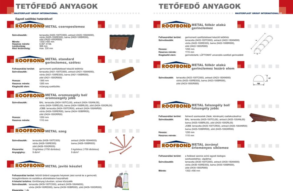 terracotta (0420-100TC000), antracit (0420-100AN000), vörös (0420-100RE000), barna (0420-100BR000), zöld (0420-100GR000) 1330 400 mm 0,467 m 2 /db 368 mm max.