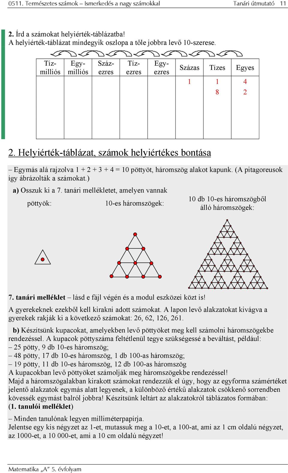 (A pitagoreusok így ábrázolták a számokat.) a) Osszuk ki a 7. tanári mellékletet, amelyen vannak pöttyök: 0-es háromszögek: 0 db 0-es háromszögből álló háromszögek: 7.