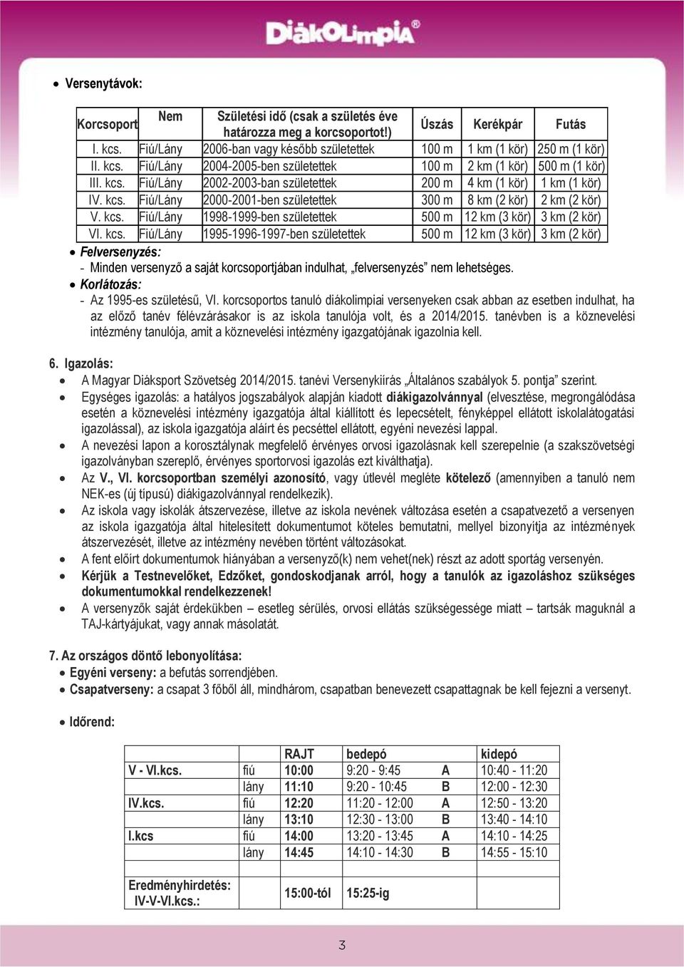 kcs. Fiú/Lány 2000-2001-ben születettek 300 m 8 km (2 kör) 2 km (2 kör) V. kcs.