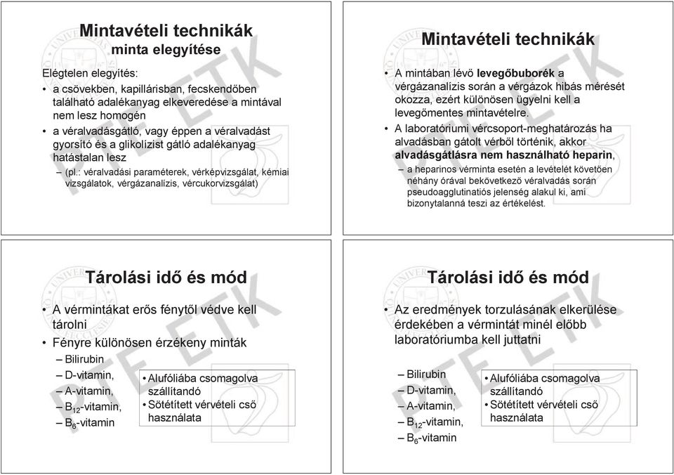 : véralvadási vadá paraméterek, vérképvizsgálat, épvi vizsgála kémiai vizsgálatok, vérgázanalízis, vércukorvizsgálat) Mintavételi technikák A mintában lév leveg buborék a vérgázanalízis során a