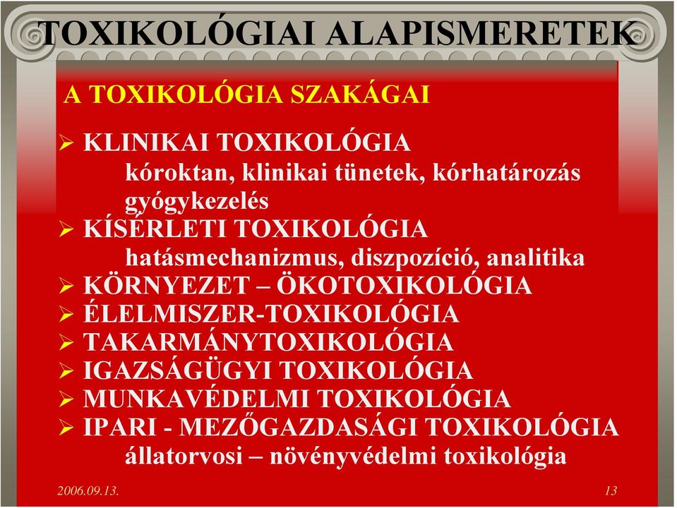 ÖKOTOXIKOLÓGIA ÉLELMISZER-TOXIKOLÓGIA TAKARMÁNYTOXIKOLÓGIA IGAZSÁGÜGYI TOXIKOLÓGIA