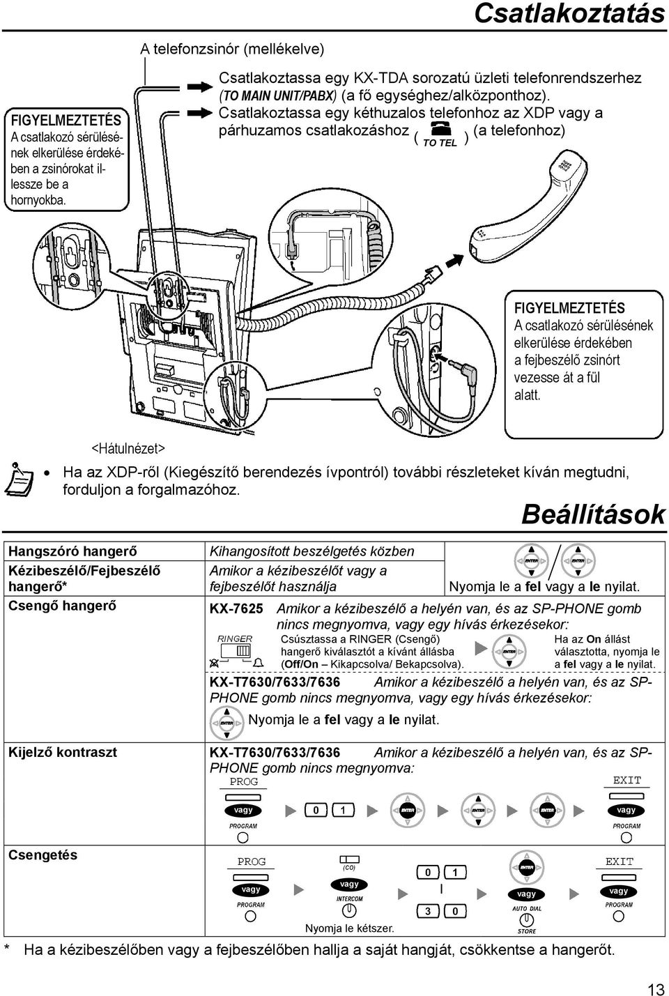 Csatlakoztassa egy kéthuzalos telefonhoz az XDP a párhuzamos csatlakozáshoz ( ) (a telefonhoz) TO TEL FIGYELMEZTETÉS A csatlakozó sérülésének elkerülése érdekében a fejbeszélő zsinórt vezesse át a