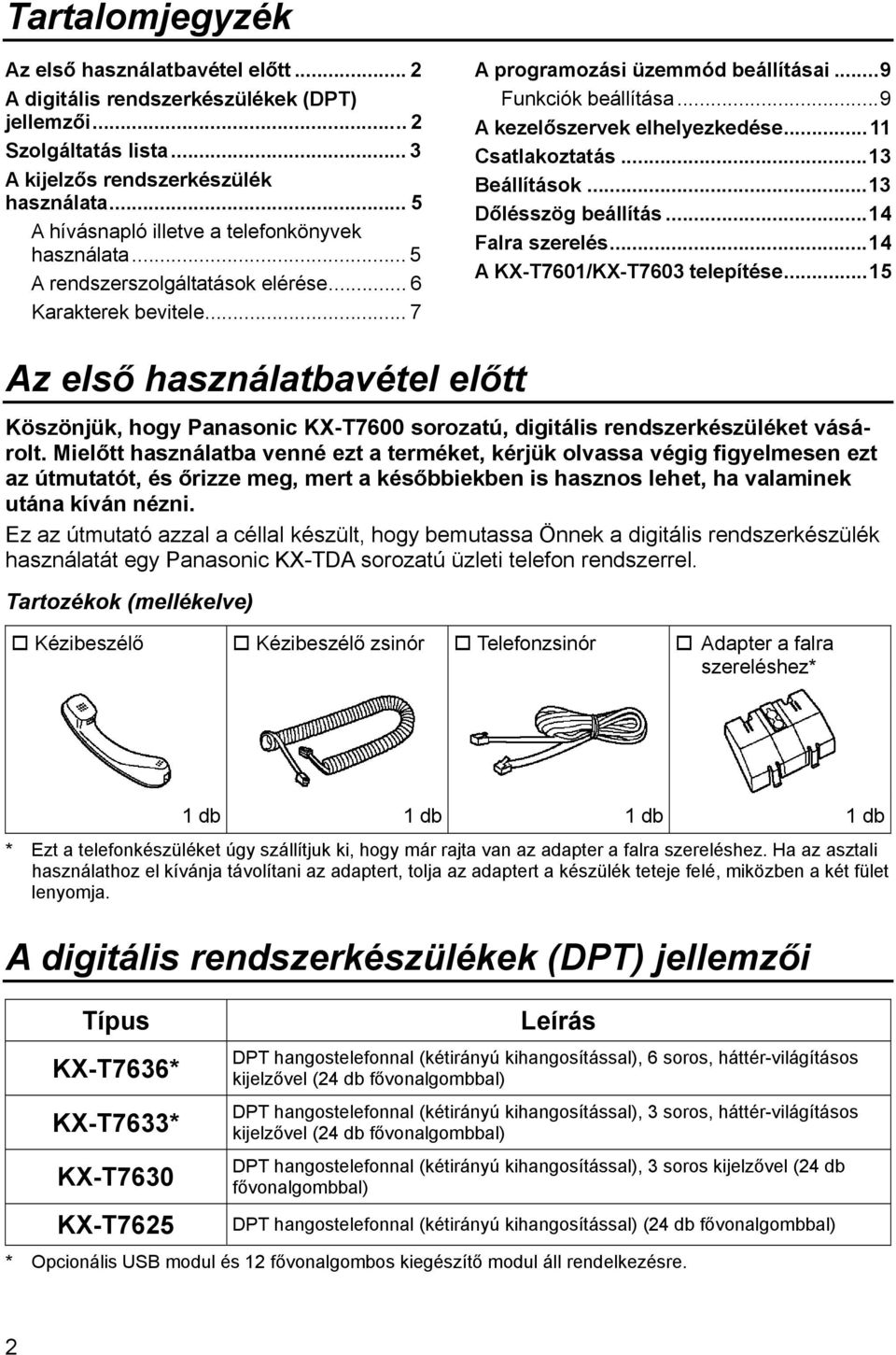 ..9 A kezelőszervek elhelyezkedése...11 Csatlakoztatás...13 Beállítások...13 Dőlésszög beállítás...14 Falra szerelés...14 A KX-T7601/KX-T7603 telepítése.