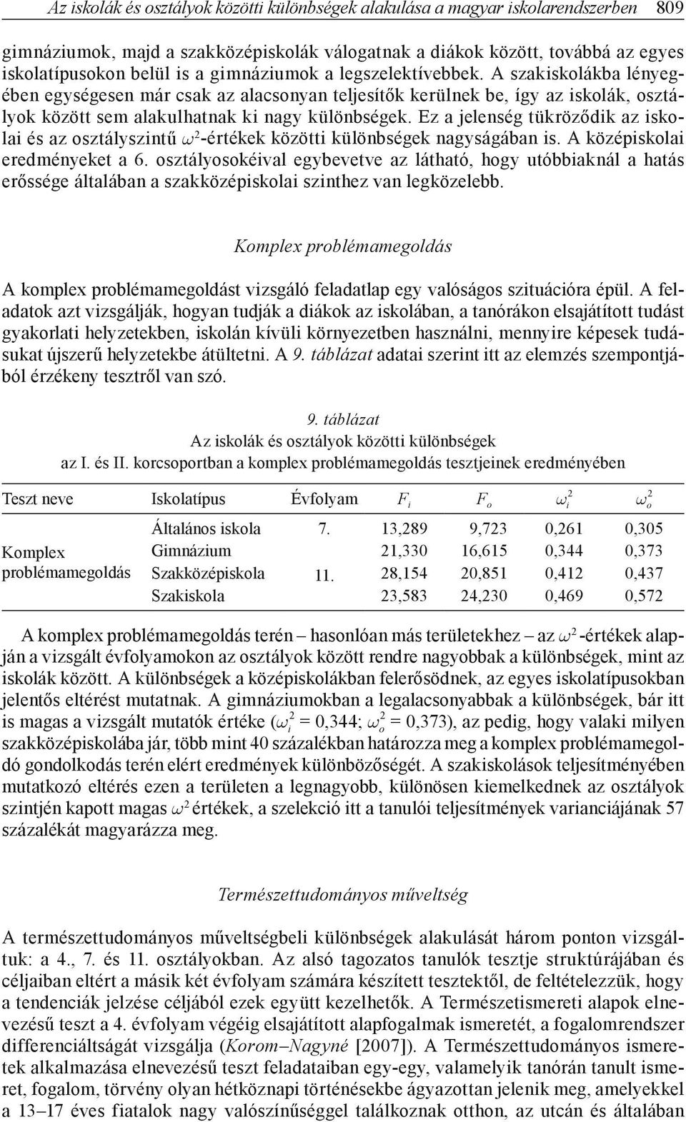 Ez a jelenség tükröződik az iskolai és az osztályszintű ω -értékek közötti különbségek nagyságában is. A középiskolai eredményeket a 6.
