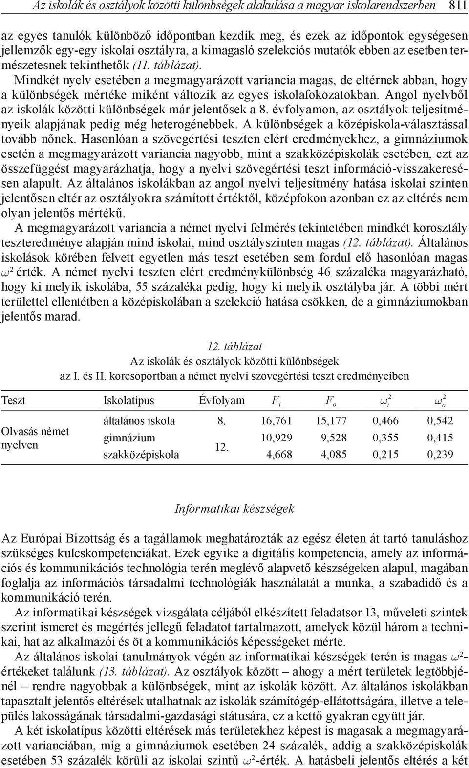 Mindkét nyelv esetében a megmagyarázott variancia magas, de eltérnek abban, hogy a különbségek mértéke miként változik az egyes iskolafokozatokban.