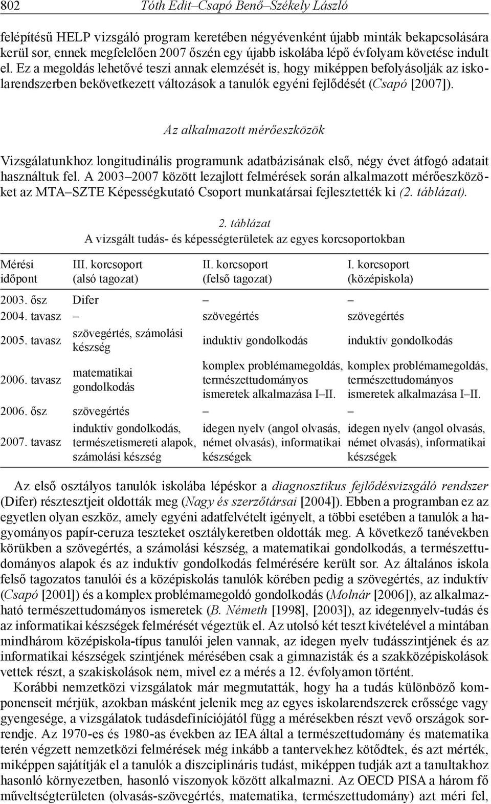 Az alkalmazott mérőeszközök Vizsgálatunkhoz longitudinális programunk adatbázisának első, négy évet átfogó adatait használtuk fel.