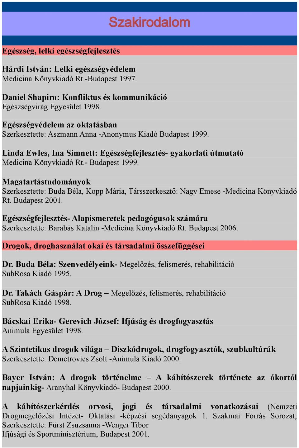 Magatartástudományok Szerkesztette: Buda Béla, Kopp Mária, Társszerkesztő: Nagy Emese -Medicina Könyvkiadó Rt. Budapest 2001.