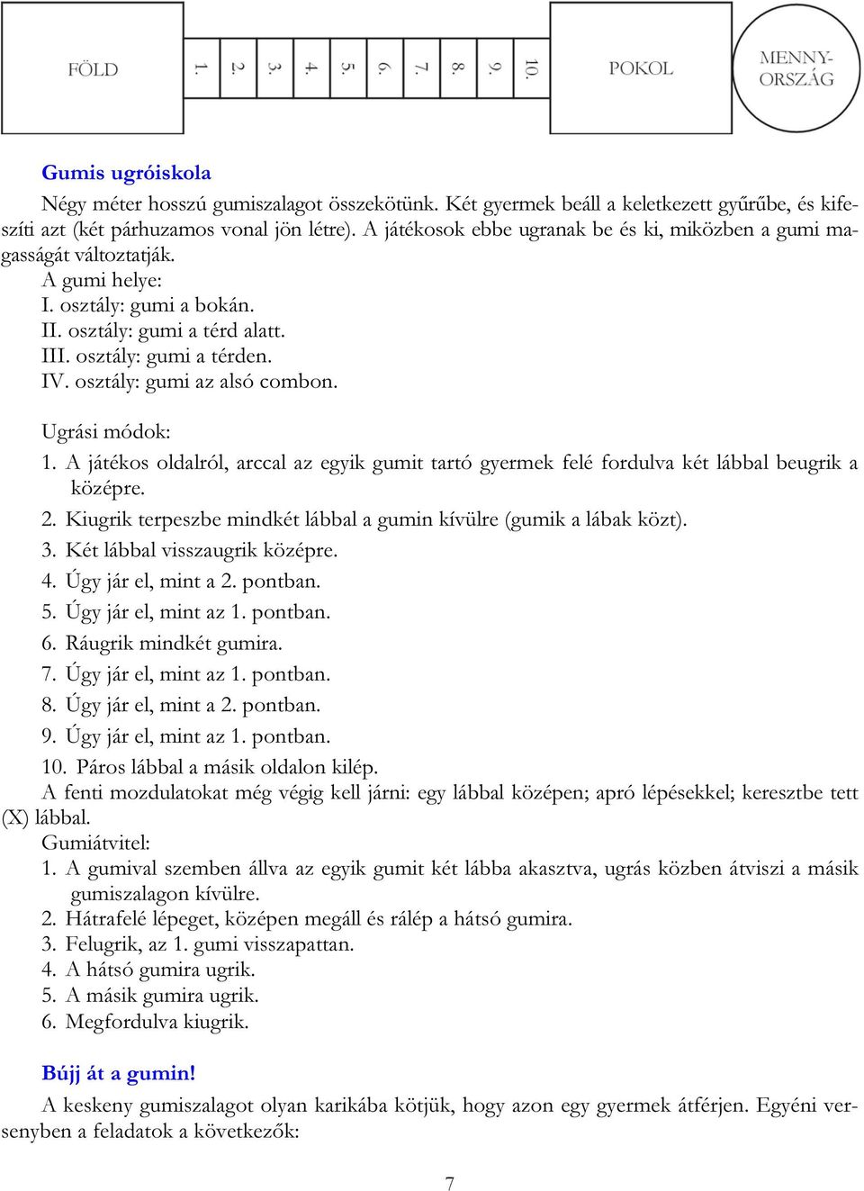 osztály: gumi az alsó combon. Ugrási módok: 1. A játékos oldalról, arccal az egyik gumit tartó gyermek felé fordulva két lábbal beugrik a középre. 2.