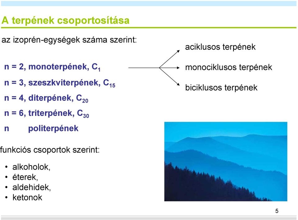 monociklusos terpének biciklusos terpének n = 4, diterpének, C 20 n = 6,