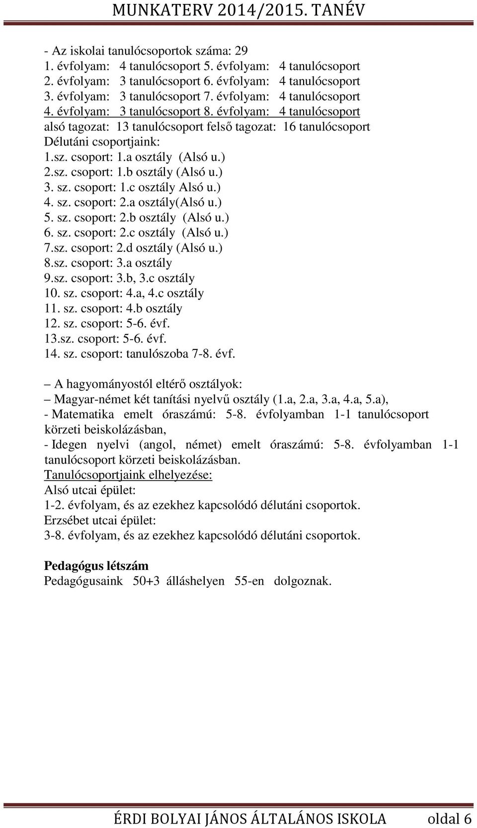 a osztály (Alsó u.) 2.sz. csoport: 1.b osztály (Alsó u.) 3. sz. csoport: 1.c osztály Alsó u.) 4. sz. csoport: 2.a osztály(alsó u.) 5. sz. csoport: 2.b osztály (Alsó u.) 6. sz. csoport: 2.c osztály (Alsó u.