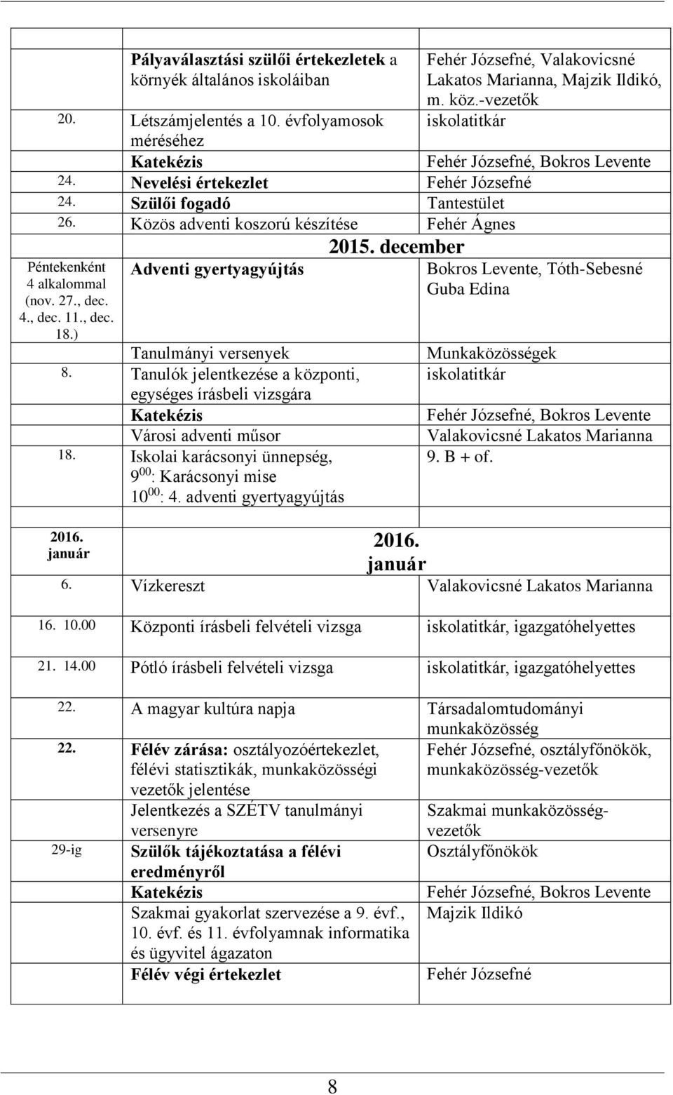 Tanulók jelentkezése a központi, egységes írásbeli vizsgára Katekézis Városi adventi műsor 18. Iskolai karácsonyi ünnepség, 9 00 : Karácsonyi mise 10 00 : 4. adventi gyertyagyújtás 2016. január 2015.