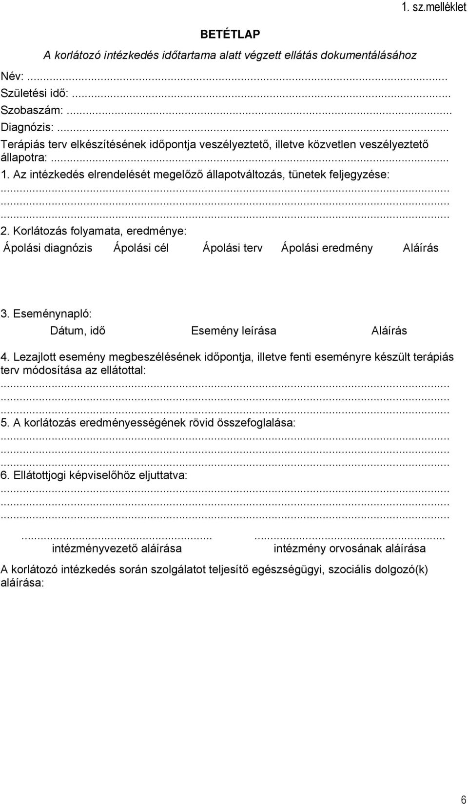 Korlátozás folyamata, eredménye: Ápolási diagnózis Ápolási cél Ápolási terv Ápolási eredmény Aláírás 3. Eseménynapló: Dátum, idő Esemény leírása Aláírás 4.