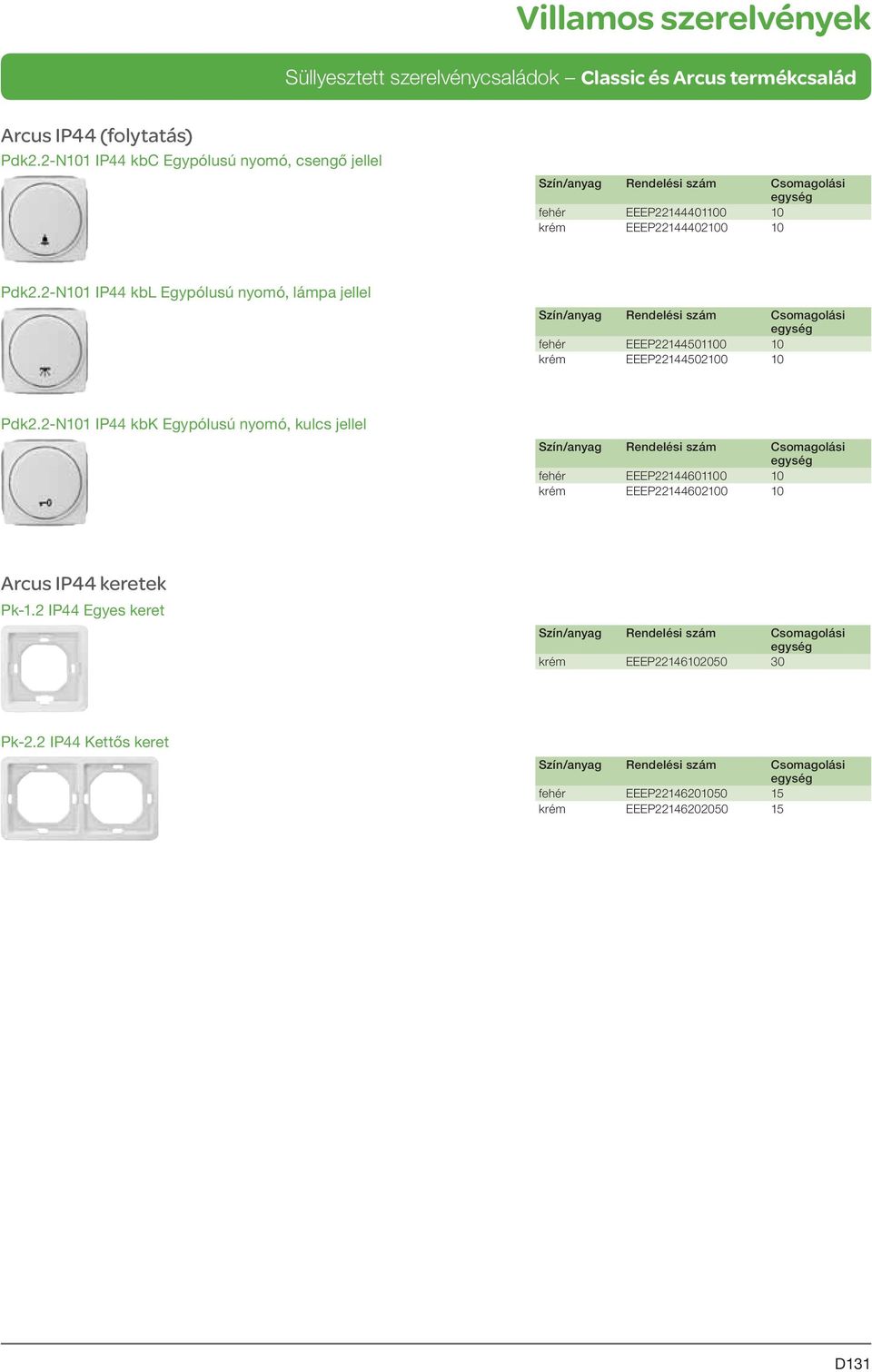 2-N101 IP44 kbl Egypólusú nyomó, lámpa jellel fehér EEEP22144501100 10 krém EEEP22144502100 10 Pdk2.