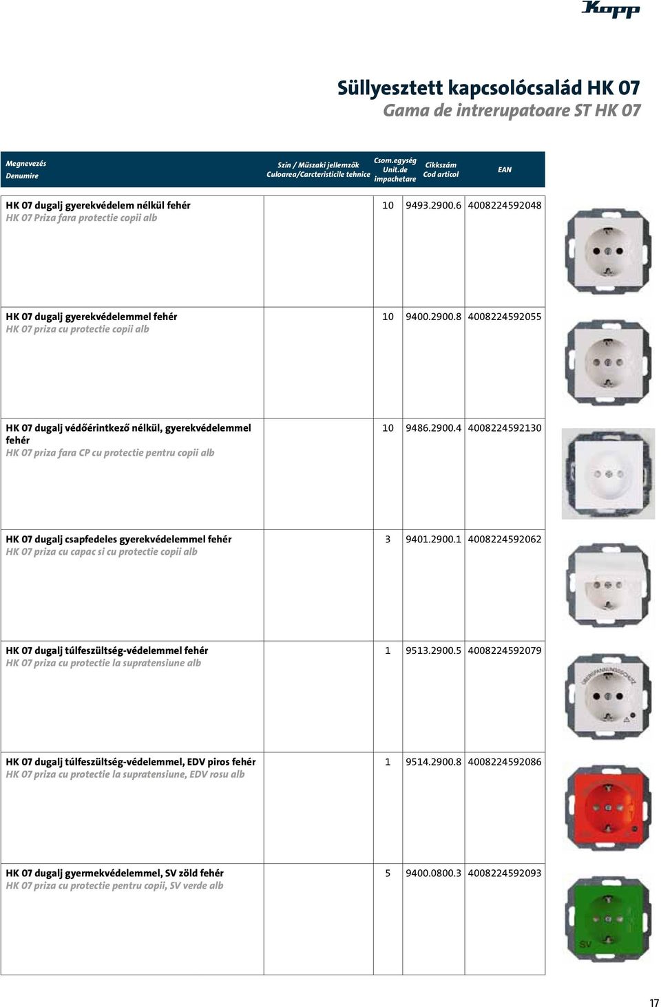 8 4008224920 HK 07 dugalj védőérintkező nélkül, gyerekvédelemmel fehér HK 07 priza fara CP cu protectie pentru copii alb 9486.2900.